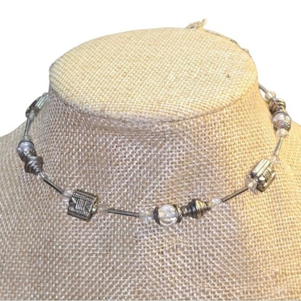 Treska‎ Silver Brutalist Minimalist Beaded Station Chocker Necklace New